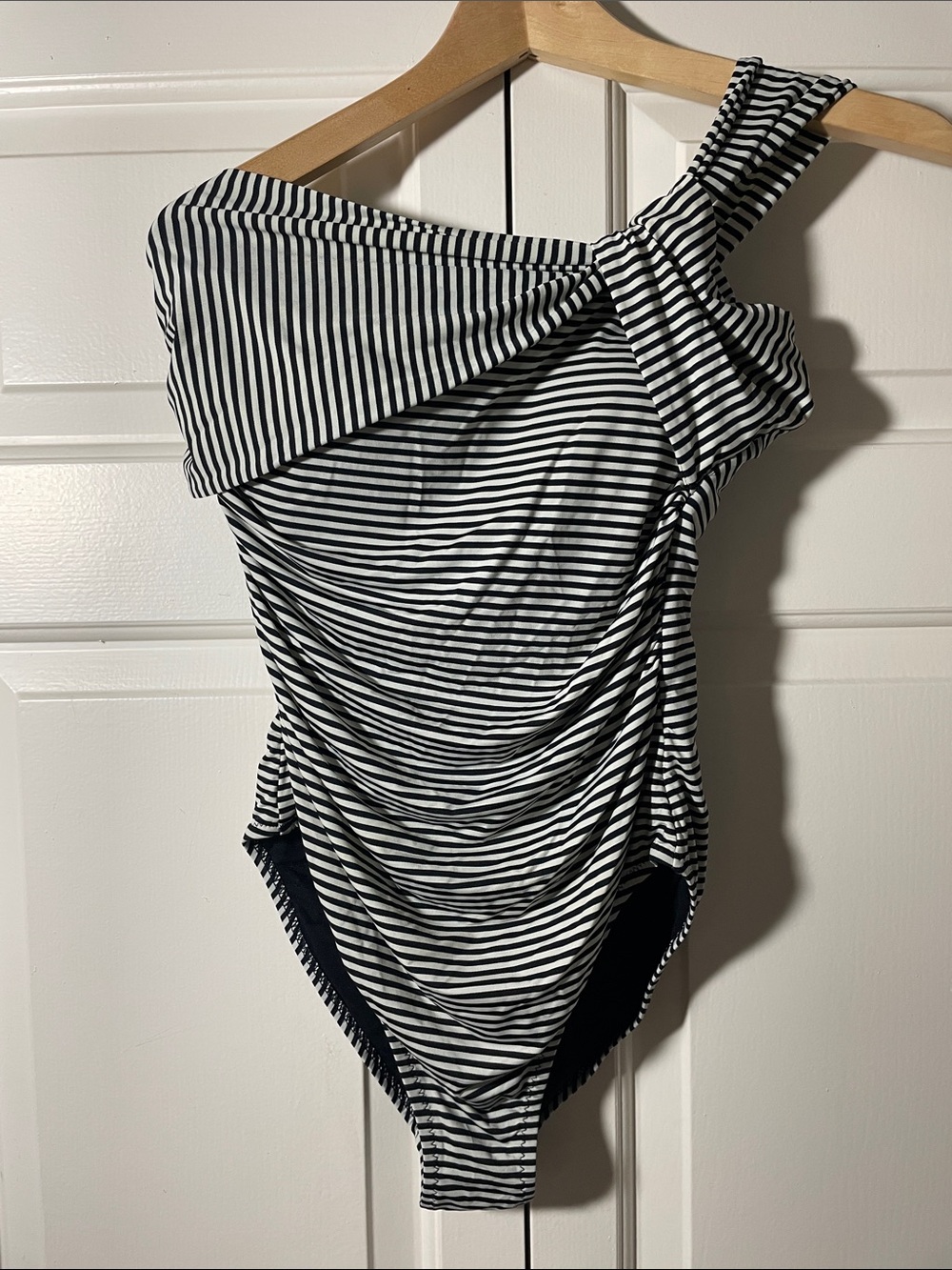 Garnet Hill Striped One-Shoulder Swimsuit